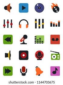 Color and black flat icon set - vinyl vector, flame disk, microphone, radio, speaker, settings, equalizer, headphones, play button, fast forward, rewind, rec, bell, record, music