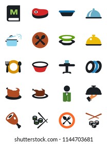 Color and black flat icon set - spoon and fork vector, waiter, dish, restaurant table, cafe, menu, plates, chicken, steak, ham, bowl, steaming pan, sushi
