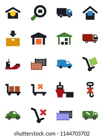 Color and black flat icon set - sea shipping vector, cargo container, car delivery, port, warehouse storage, no trolley, hook, package, search, moving