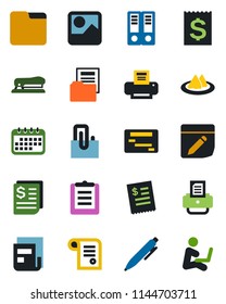Color and black flat icon set - office binder vector, pen, printer, receipt, clipboard, gallery, folder, notes, paper clip, news, document, stapler, serviette, restaurant, calendar, schedule