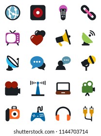 Color and black flat icon set - satellite antenna vector, camera, microphone, loudspeaker, tv, gamepad, video, remote control, network, dialog, speaker, headphones, laptop pc, chain, heart, rca