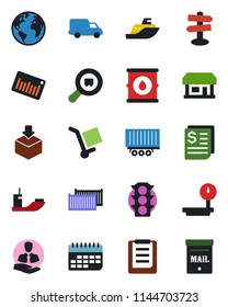 Color and black flat icon set - signpost vector, earth, store, traffic light, client, sea shipping, truck trailer, cargo container, car delivery, term, receipt, clipboard, package, oil barrel