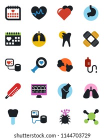 Color and black flat icon set - heart vector, pulse, monitor, blood pressure, dropper, thermometer, diagnostic, patch, stomach, lungs, caries, implant, joint, broken bone, medical calendar, virus