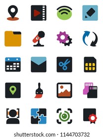 Color and black flat icon set - microphone vector, update, gallery, settings, themes, mail, sd, sim, folder, calendar, notes, wireless, cut, place tag, face id, eye, video, application, sertificate
