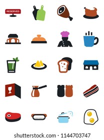 Color and black flat icon set - cook vector, serviette, wine card, reserved, reception, phyto bar, coffee, bacon, salt and pepper, bread, cafe building, chicken, steak, ham, hot dog, cutting board