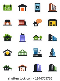 Color and black flat icon set - airport building vector, office, greenhouse, warehouse storage, house with garage, tree, sold signboard, city, cafe, eco, home control app, message