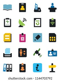 Color and black flat icon set - elevator vector, reception, identity card, book, document, reload, pulse clipboard, satellite antenna, radio phone, sim, notes, paper binder, tray, information, pass