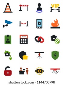 Color and black flat icon set - fence vector, barrier, passport control, stamp, border cone, identity card, flammable, chain, protect, eye id, lock, estate insurance, vip zone, home, app, sprinkler