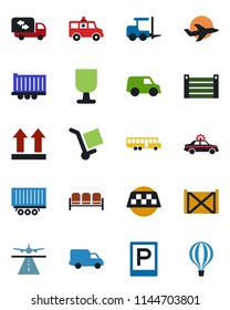 Color and black flat icon set - runway vector, taxi, airport bus, parking, waiting area, alarm car, fork loader, ambulance, plane, truck trailer, delivery, container, fragile, cargo, up side sign