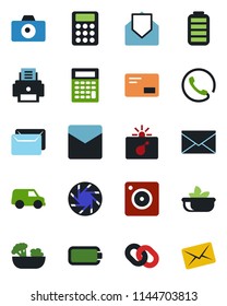 Color and black flat icon set - bomb in case vector, camera, mail, chain, battery, mobile, calculator, printer, phone, salad, car