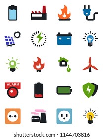 Color and black flat icon set - factory vector, fire, battery, low, protect, charge, sun panel, windmill, home control, socket, power plug, bulb, alarm led, idea