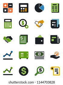 Color and black flat icon set - safe vector, dollar sign, calculator, cash, receipt, news, pie graph, point, contract, handshake, wallet, money search, investment
