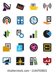Color and black flat icon set - antenna vector, satellite, growth statistic, office binder, document, reload, diagnosis, folder, barcode, network, scanner, data exchange, download, pie graph