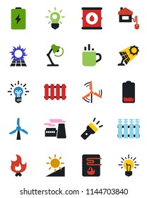 Color and black flat icon set - hot cup vector, factory, fire, oil barrel, low battery, torch, brightness, desk lamp, windmill, home control, water heater, radiator, bulb, sun panel, idea