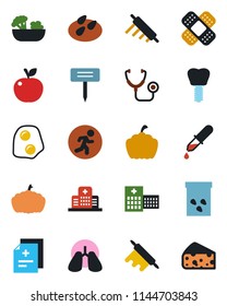 Color and black flat icon set - plant label vector, pumpkin, seeds, diagnosis, stethoscope, dropper, patch, run, lungs, implant, hospital, salad, rolling pin, omelette, apple fruit, cheese