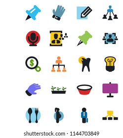 Color and black flat icon set - spoon and fork vector, hierarchy, pencil, glove, seedling, caries, pregnancy, microphone, paper pin, presentation board, hr, manager, bowl, bulb, money search