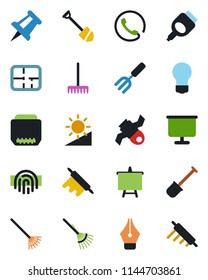 Color and black flat icon set - presentation board vector, drawing pin, bulb, job, garden fork, shovel, rake, satellite, hdmi, brightness, fingerprint id, ink pen, plan, phone, rolling