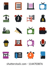 Color and black flat icon set - alarm clock vector, abacus, money bag, well, film frame, tv, video camera, microphone, office phone, rolling pin, outdoor lamp, fridge