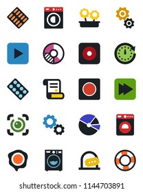 Color and black flat icon set - ticket office vector, washer, circle chart, stamp, contract, pills blister, play button, fast forward, rec, record, eye id, pie graph, flower in pot, gear, clock