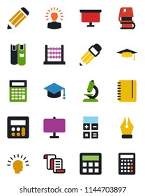 Color and black flat icon set - contract vector, calculator, graduate, notepad, presentation board, pencil, microscope, abacus, ink pen, book, shining head