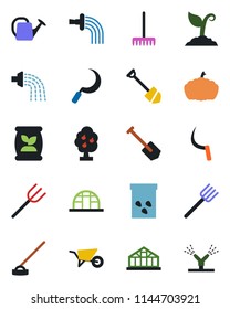 Color and black flat icon set - job vector, farm fork, rake, watering can, wheelbarrow, sproute, hoe, sickle, pumpkin, greenhouse, seeds, fertilizer, fruit tree, irrigation