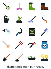 Color and black flat icon set - flower in pot vector, shovel, farm fork, rake, watering, sproute, pruner, boot, seedling, hoe, sickle, fertilizer