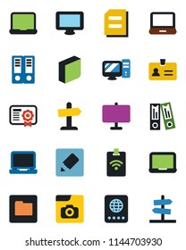 Color and black flat icon set - passport vector, identity, office binder, notebook pc, document, monitor, laptop, folder, notes, photo gallery, presentation board, blank box, pass card, certificate