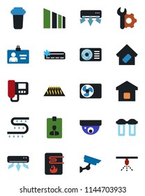 Color and black flat icon set - identity card vector, drip irrigation, sorting, root setup, air conditioner, smart home, water heater, intercome, filter, warm floor, surveillance, sprinkler