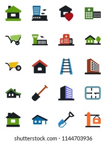 Color and black flat icon set - airport building vector, office, shovel, ladder, wheelbarrow, house, hospital, with garage, tree, plan, sweet home, crane