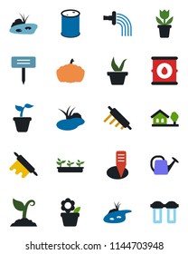 Color and black flat icon set - flower in pot vector, seedling, watering can, sproute, plant label, pumpkin, pond, oil barrel, house with tree, rolling pin, water filter