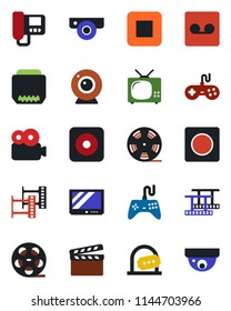 Color and black flat icon set - ticket office vector, clapboard, film frame, reel, gamepad, tv, stop button, rec, hdmi, record, video, web camera, intercome, surveillance