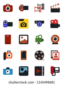 Color and black flat icon set - camera vector, clapboard, film frame, reel, video, phone back, gallery, photo, web, intercome