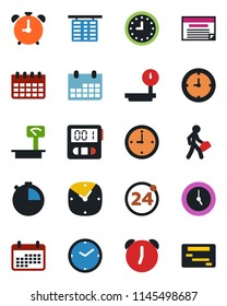 Color and black flat icon set - 24 around vector, alarm clock, flight table, calendar, heavy scales, stopwatch, manager, schedule