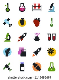 Color and black flat icon set - blood test vial vector, microscope, ampoule, real heart, joint, virus, satellite, sd, thermometer, rocket, flask