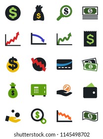 Color and black flat icon set - safe vector, dollar sign, money bag, crisis graph, cash, receipt, credit card, wallet, growth, search, investment