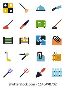 Color and black flat icon set - safe vector, trowel, farm fork, rake, pruner, hoe, container, rack, application, paper clip, heater, dish, ladle, knife, radiator