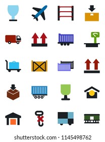 Color and black flat icon set - plane vector, baggage trolley, truck trailer, cargo container, car delivery, consolidated, fragile, warehouse storage, up side sign, no hook, package, heavy scales