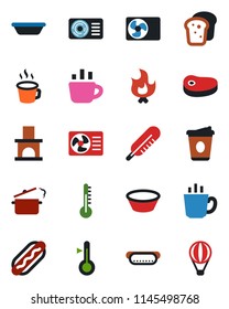 Color and black flat icon set - coffee vector, fire, fireplace, thermometer, air conditioner, bread, steak, hot dog, bowl, steaming pan, balloon