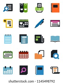 Color and black flat icon set - book vector, document search, pen, notepad, calendar, printer, medical, folder, news, copybook, schedule, contract