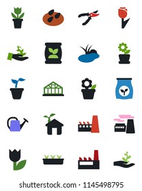Color and black flat icon set - factory vector, flower in pot, seedling, watering can, pruner, greenhouse, seeds, pond, fertilizer, tulip, eco house, palm sproute