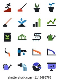 Color and black flat icon set - growth statistic vector, seedling, watering can, hoe, sickle, greenhouse, fertilizer, drip irrigation, pie graph, point, career ladder, crisis, presentation