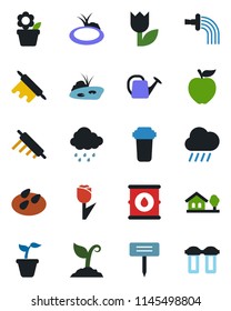 Color and black flat icon set - flower in pot vector, seedling, watering can, sproute, rain, plant label, seeds, pond, tulip, oil barrel, house with tree, rolling pin, apple fruit, water filter