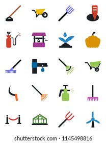 Color and black flat icon set - fence vector, farm fork, rake, wheelbarrow, well, hoe, sickle, plant label, pumpkin, greenhouse, garden sprayer, drip irrigation, windmill