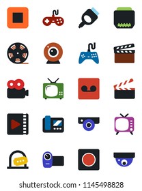 Color and black flat icon set - ticket office vector, clapboard, reel, tv, gamepad, video camera, stop button, hdmi, record, web, intercome, surveillance