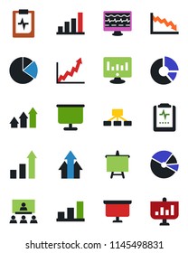 Color and black flat icon set - growth statistic vector, presentation board, monitor, circle chart, pulse, clipboard, bar graph, pie, hierarchy, arrow up, crisis