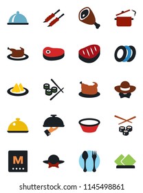 Color and black flat icon set - spoon and fork vector, dish, serviette, menu, plates, waiter, dress code, chicken, steak, kebab, ham, bowl, steaming pan, sushi