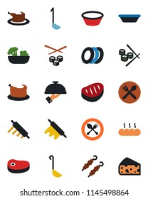 Color and black flat icon set - spoon and fork vector, cafe, salad, plates, waiter, bread, chicken, steak, kebab, ladle, bowl, rolling pin, sushi, cheese
