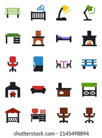 Color and black flat icon set - cafe vector, bed, desk, bench, fireplace, office chair, lamp, children room, cushioned furniture, alcove, fridge