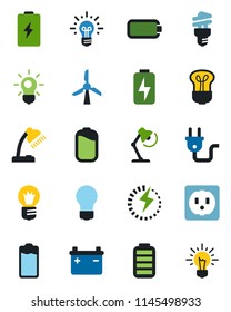 Color and black flat icon set - bulb vector, battery, charge, desk lamp, socket, power plug, energy saving, windmill, idea