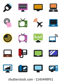 Color and black flat icon set - plane radar vector, wireless notebook, pc, statistic monitor, pulse, tv, touch screen, laptop, hdmi, statistics, intercome